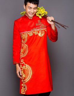 Áo dài nam cách tân đỏ vẽ họa tiết vàng truyền thống