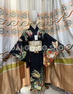 yukata nhật bản nữ màu đen