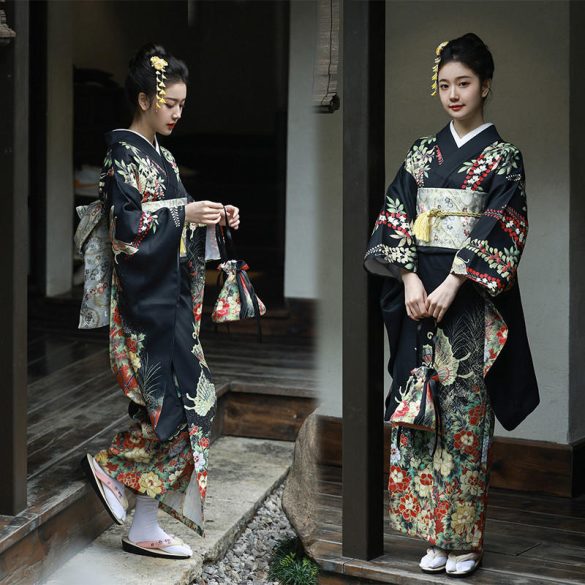 yukata nhật bản nữ màu đen