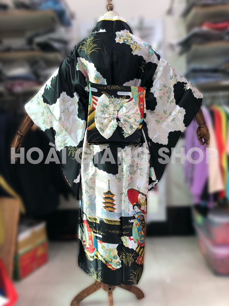 yukata nhật bản cô gái màu đen