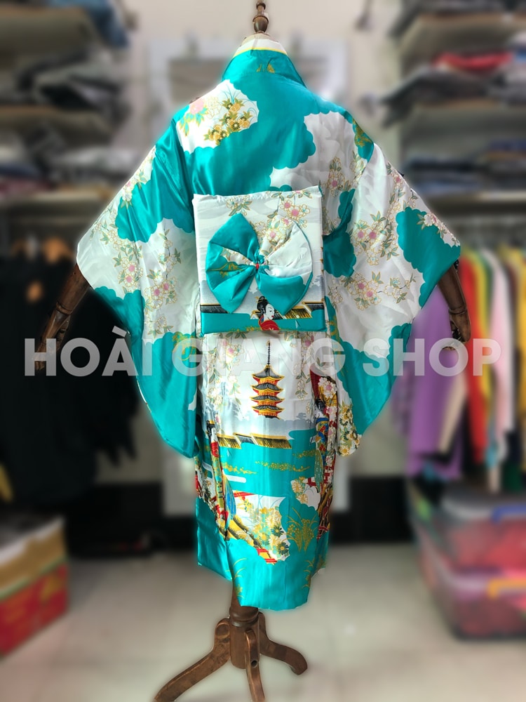 yukata nhật bản hình cô cái màu xanh ngọc