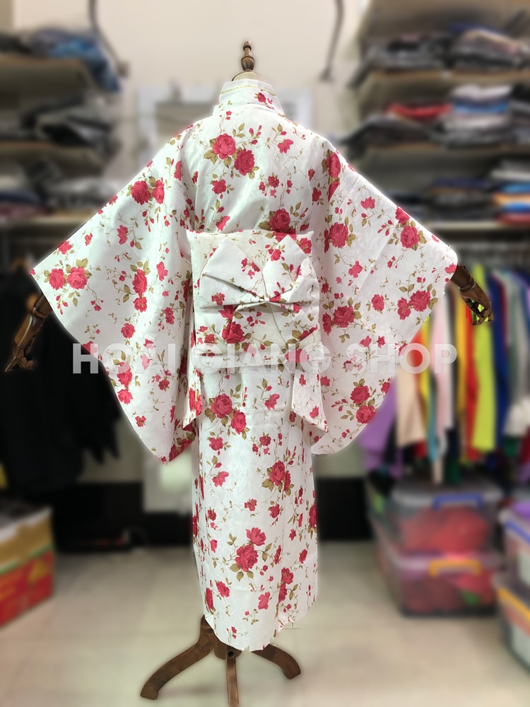 yukata nhật bản gấm màu trắng hoa đỏ